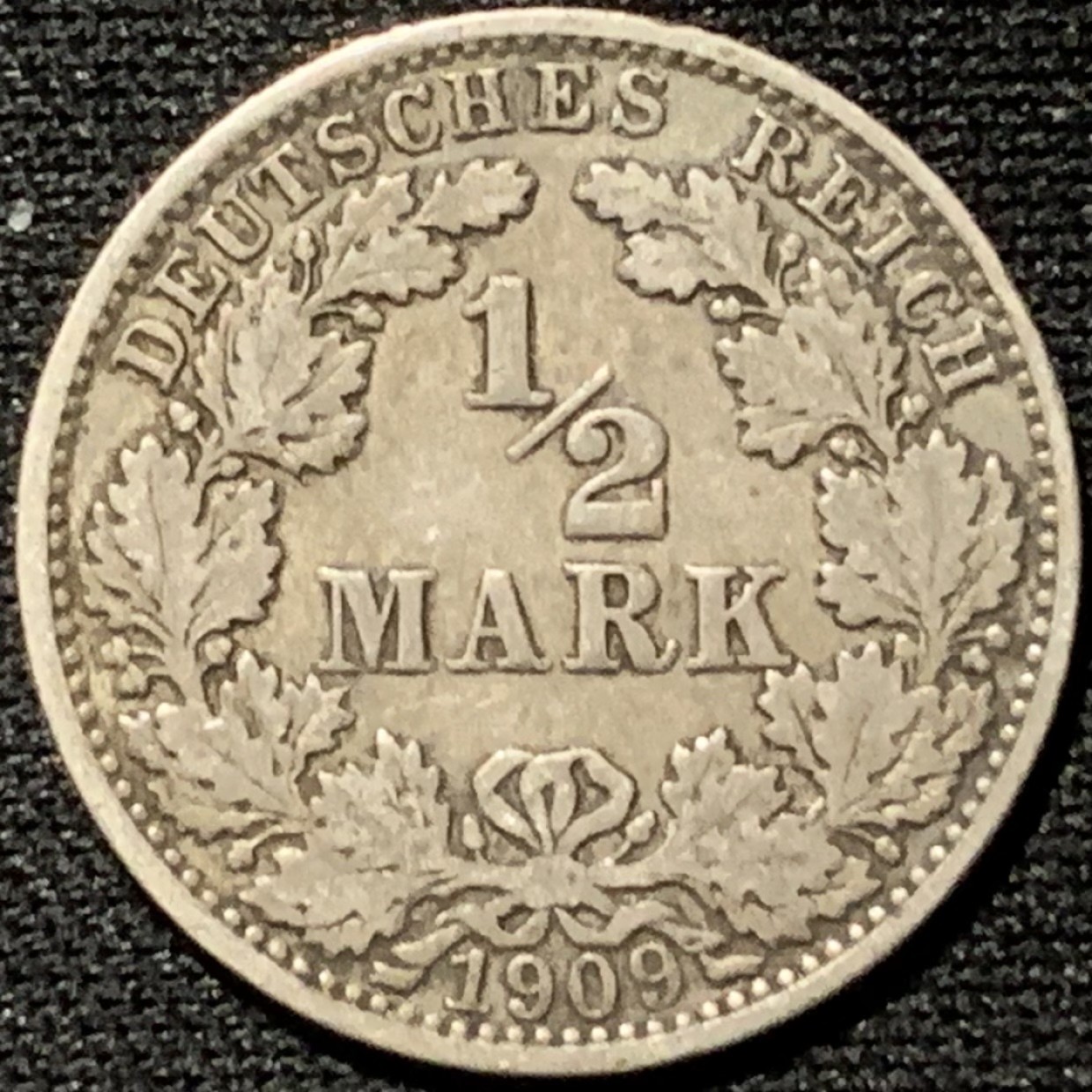 紫瑗钱币——第262期拍卖 德国 1909年 J厂 第二帝国 长翅 1/2马克 2.77克 0.9银