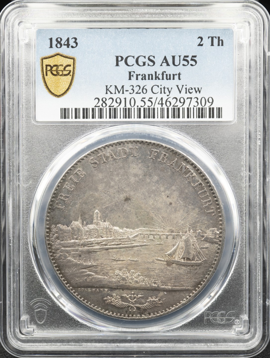 万国钱币拍卖第005期 1843德国法兰克福景观2泰勒，大热门的景观2泰勒，高分价格已经可望不可及，此枚在同分中包浆细节皆属上乘，可玩性很高的性价比之选。