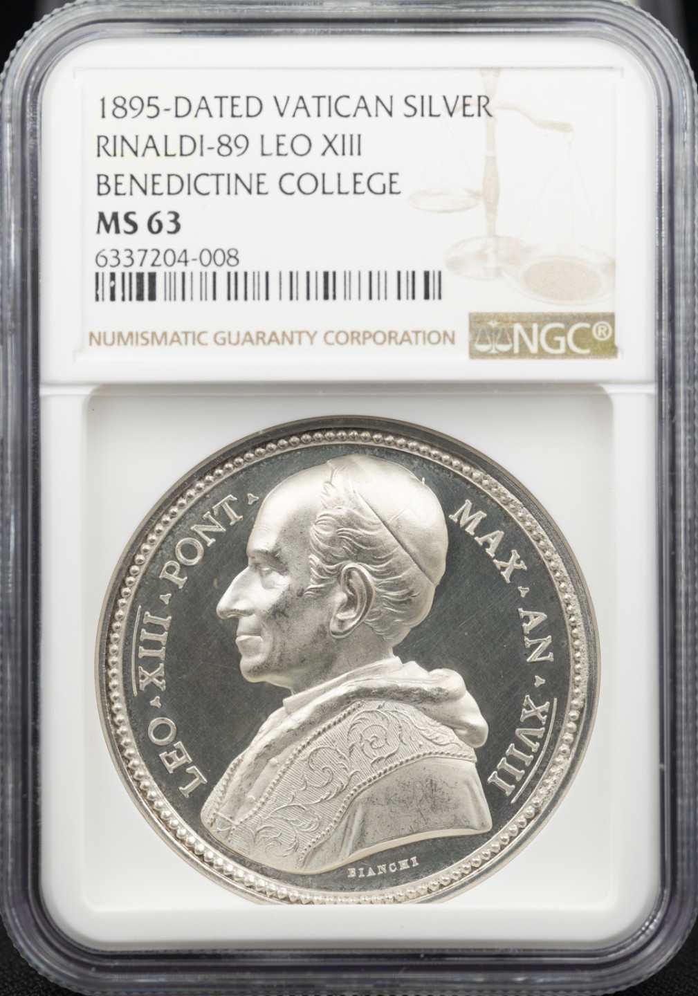 万国钱币拍卖第005期 1895教皇国利奥十三世大学高浮雕大银章，63难得，超高浮雕加厚盒。