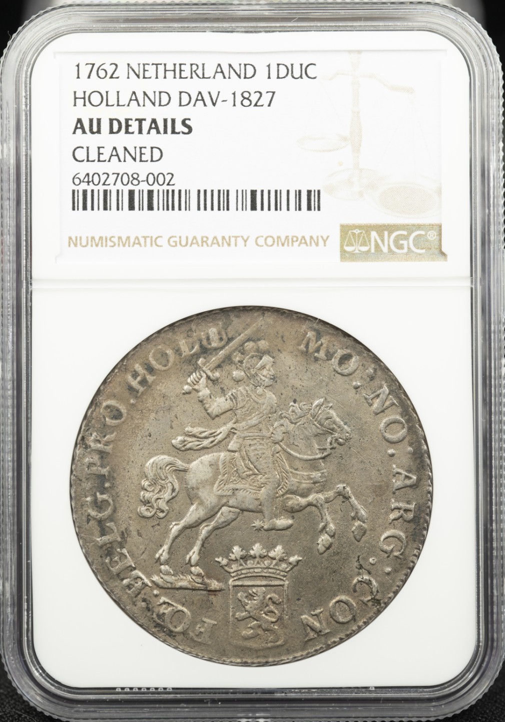 万国钱币拍卖第005期 1762荷兰大马剑，荷兰省，中期年份，背面胚缺，打得不错，原味。