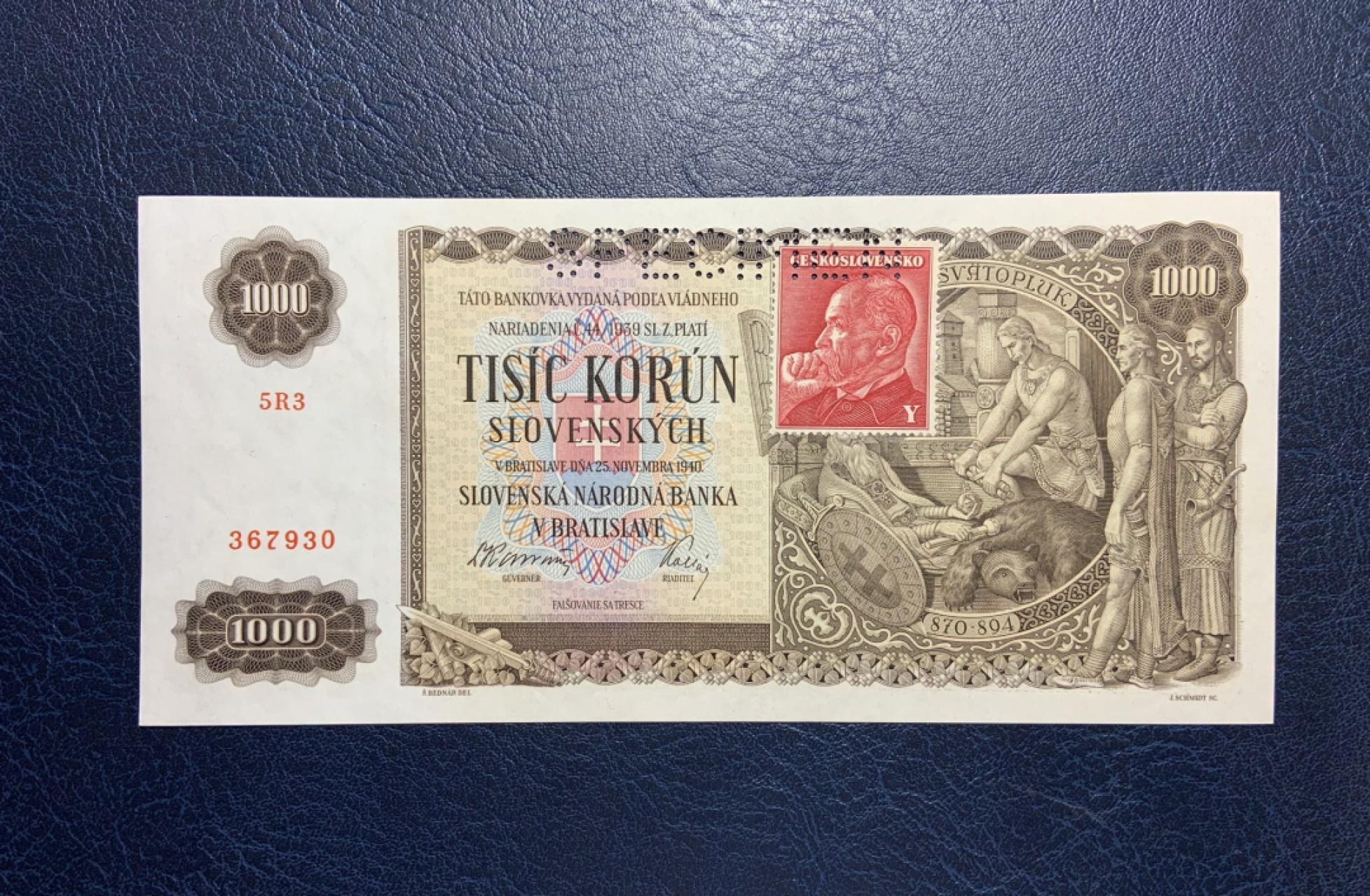 收藏联盟Quantum Auction 第246期拍卖 捷克斯洛伐克1940年1000克朗加贴样票 品相UNC 典故 折木教子 边缘有轻微渗黄瑕疵