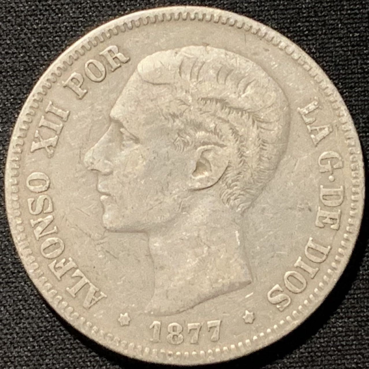 紫瑗钱币——第262期拍卖 西班牙 1877年 阿方索十二世 5比塞塔 25克 0.9银