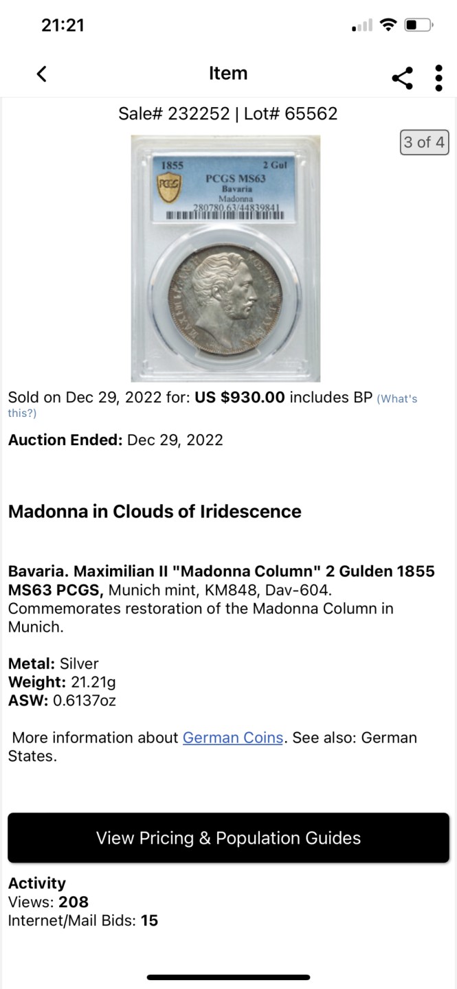 万国钱币拍卖第005期 1855德国巴伐利亚圣母抱婴2盾银币，为了纪念位于慕尼黑的圣母抱婴柱修复完成而发行，真正的原味五彩，所见最美一枚，外拍热门品种，63分ha成交价930美金。