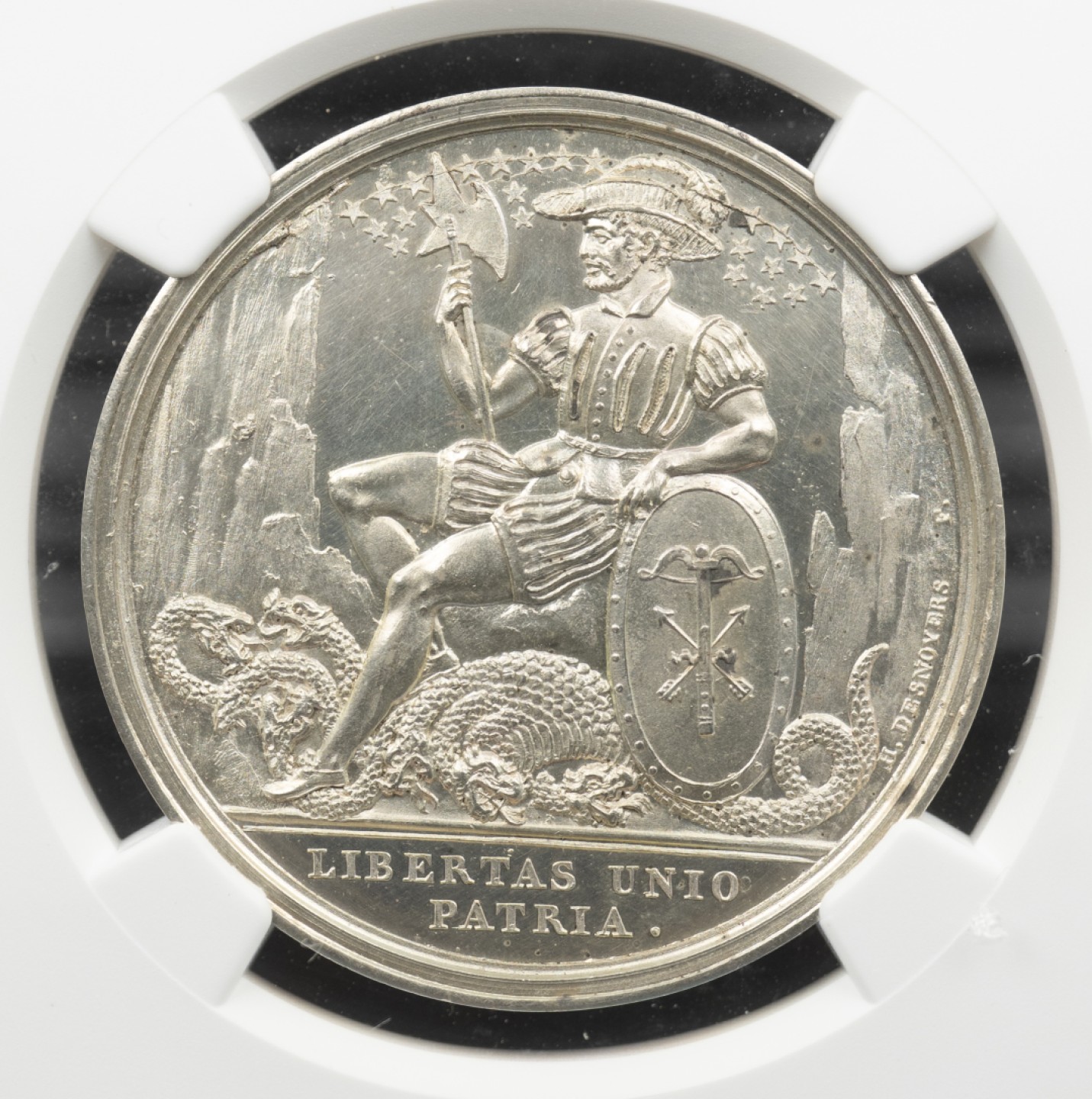 万国钱币拍卖第005期 1821年瑞士在巴黎的法国社会福利会手持戟和盾牌的朗斯克内赫特斩杀九头龙银章