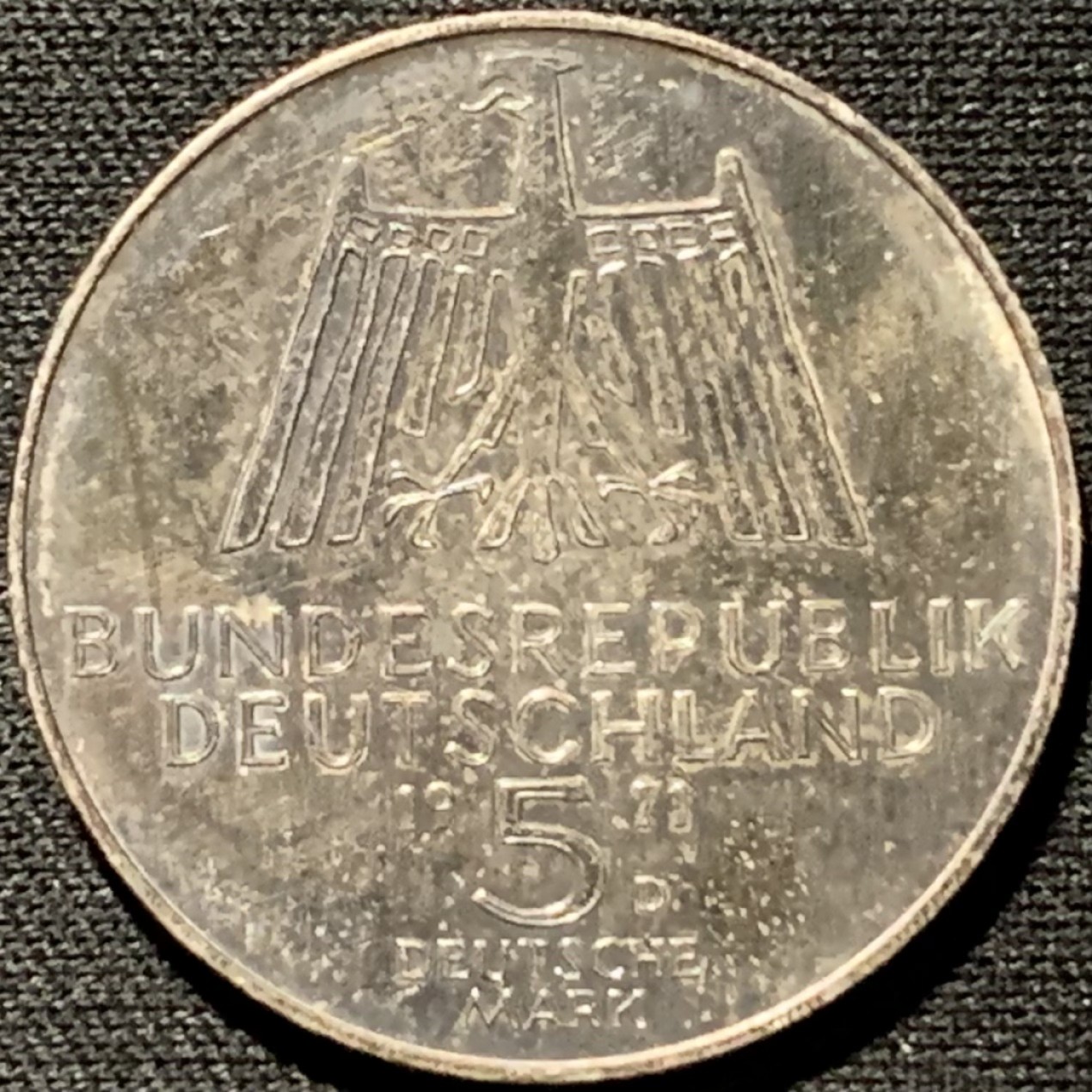 紫瑗钱币——第317期拍卖 联邦德国 1971年 D厂 丢勒逝世500周年 5马克 11.2克 0.625银 UNC 五彩包浆