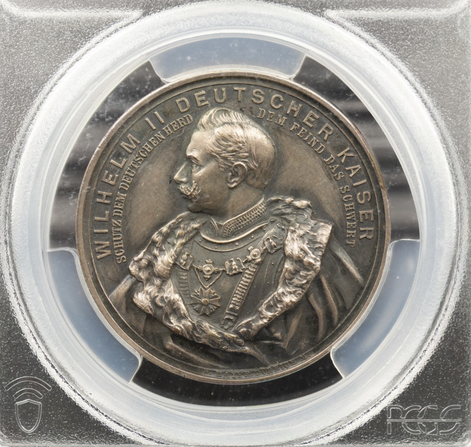 万国钱币拍卖第005期 1894普鲁士威廉二世纪念德意志帝国国会大厦落成纪念银章，超高浮雕加厚盒，唯一冠军分。