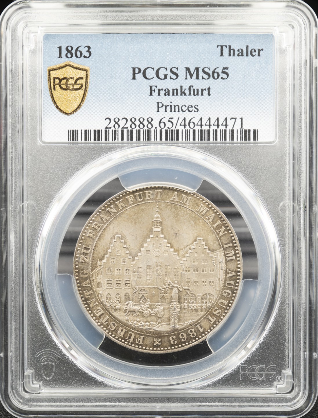 万国钱币拍卖第005期 1863法兰克福王子议会1泰勒银币，高分五彩，原汁原味，非常难得，ha同分白币1200美金成交
