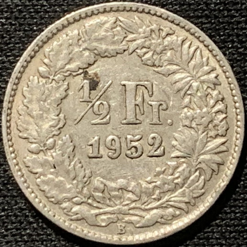 紫瑗钱币——第262期拍卖 瑞士 1952年 赫尔维蒂亚 1/2法郎 2.5克 0.835银