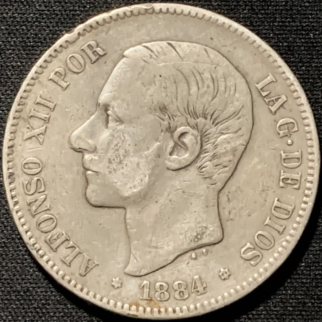 紫瑗钱币——第317期拍卖 西班牙 1884年 阿方索十二世 5比塞塔 25克 0.9银