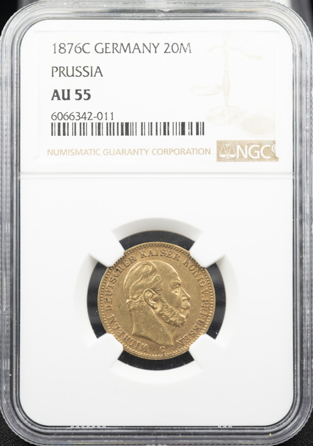 万国钱币拍卖第005期 德意志帝国普鲁士1876年C厂（法兰克福造）20马克金币，打制犀利，非常少见的特年，即便是在德国本土也难得一件，此枚已是亚军分，冠军为AU58，重7.97克，900金