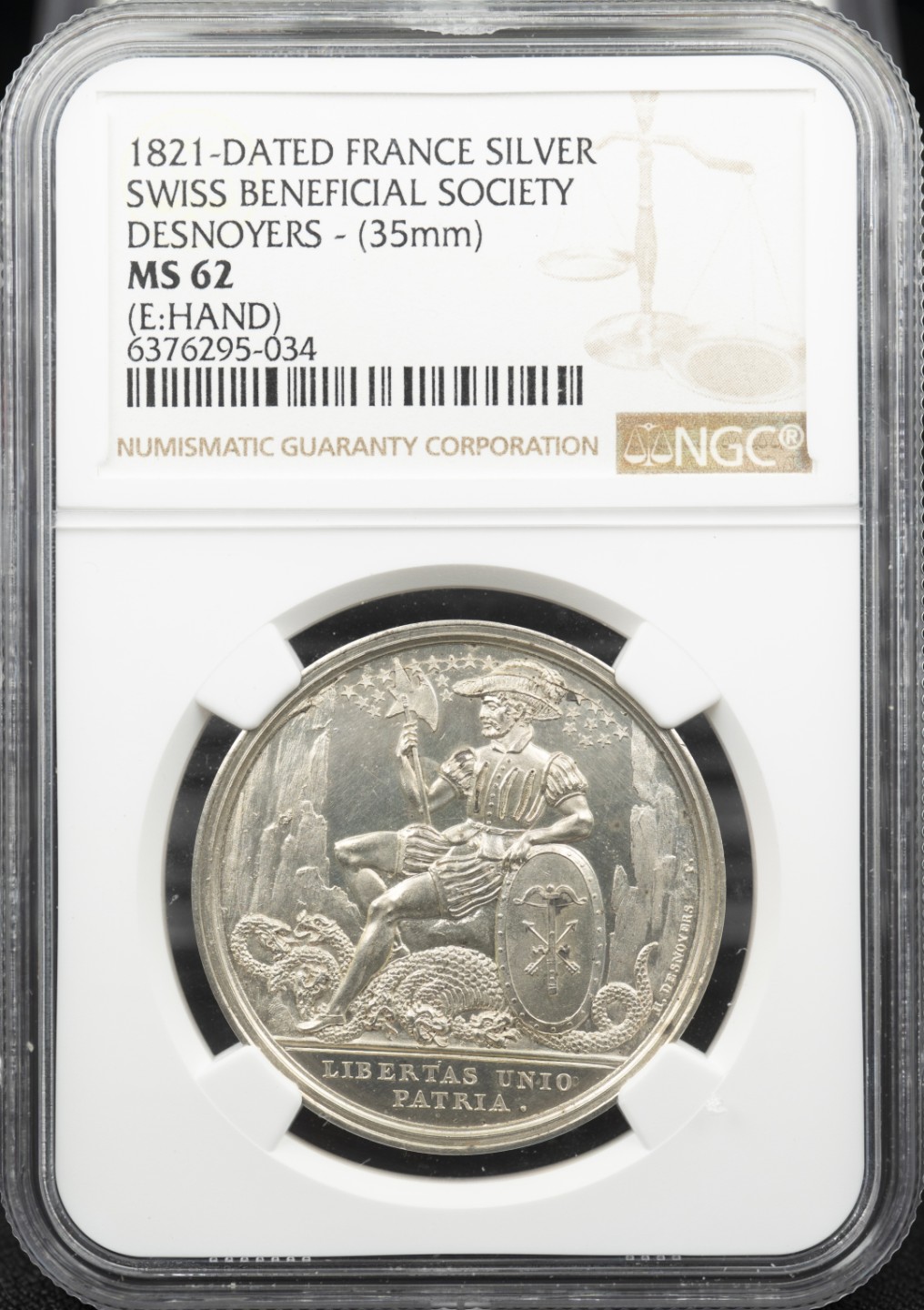 万国钱币拍卖第005期 1821年瑞士在巴黎的法国社会福利会手持戟和盾牌的朗斯克内赫特斩杀九头龙银章