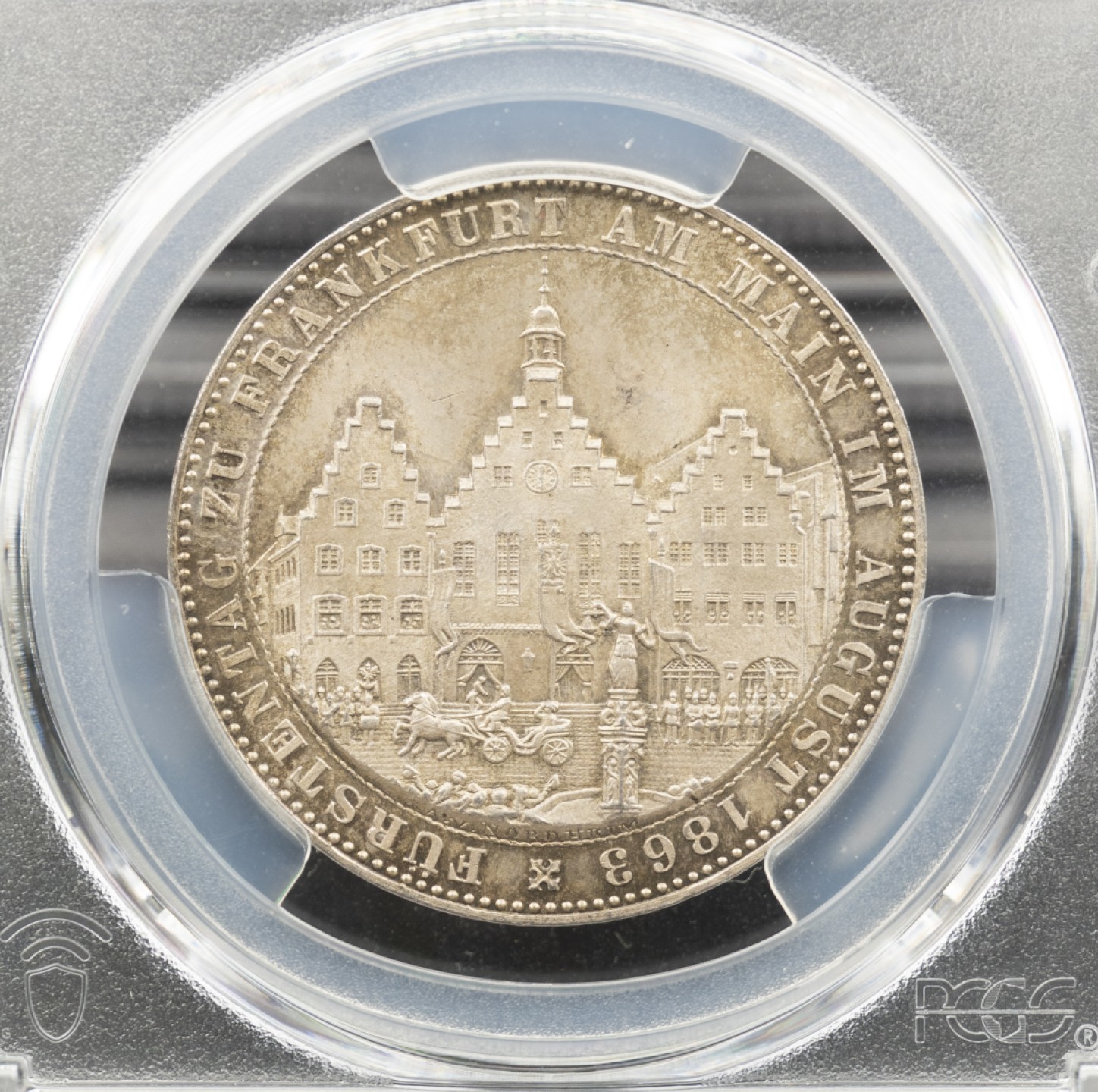 万国钱币拍卖第005期 1863法兰克福王子议会1泰勒银币，高分五彩，原汁原味，非常难得，ha同分白币1200美金成交