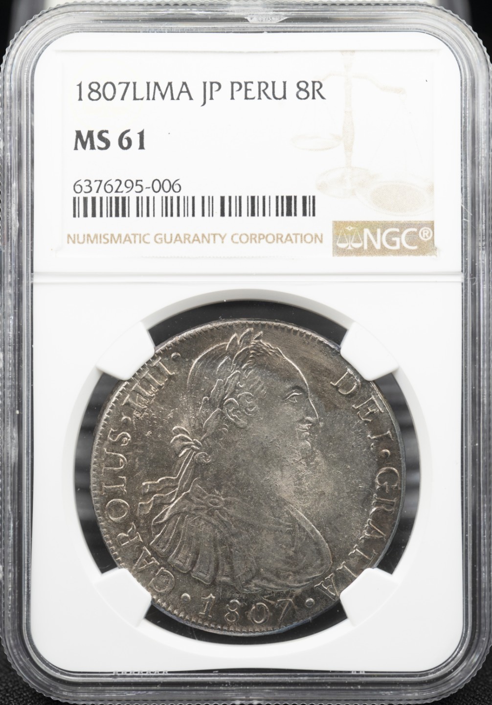 万国钱币拍卖第005期 1807LIMAJP西属秘鲁卡洛斯四世人像双柱8里亚尔