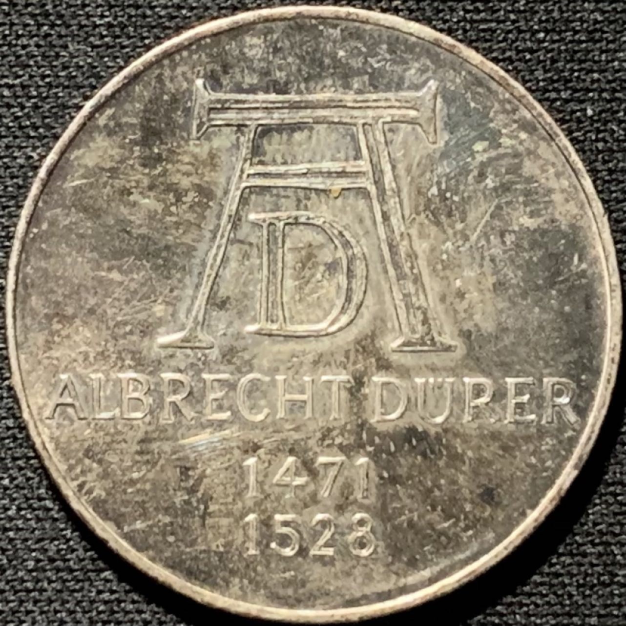 紫瑗钱币——第317期拍卖 联邦德国 1971年 D厂 丢勒逝世500周年 5马克 11.2克 0.625银 UNC 五彩包浆