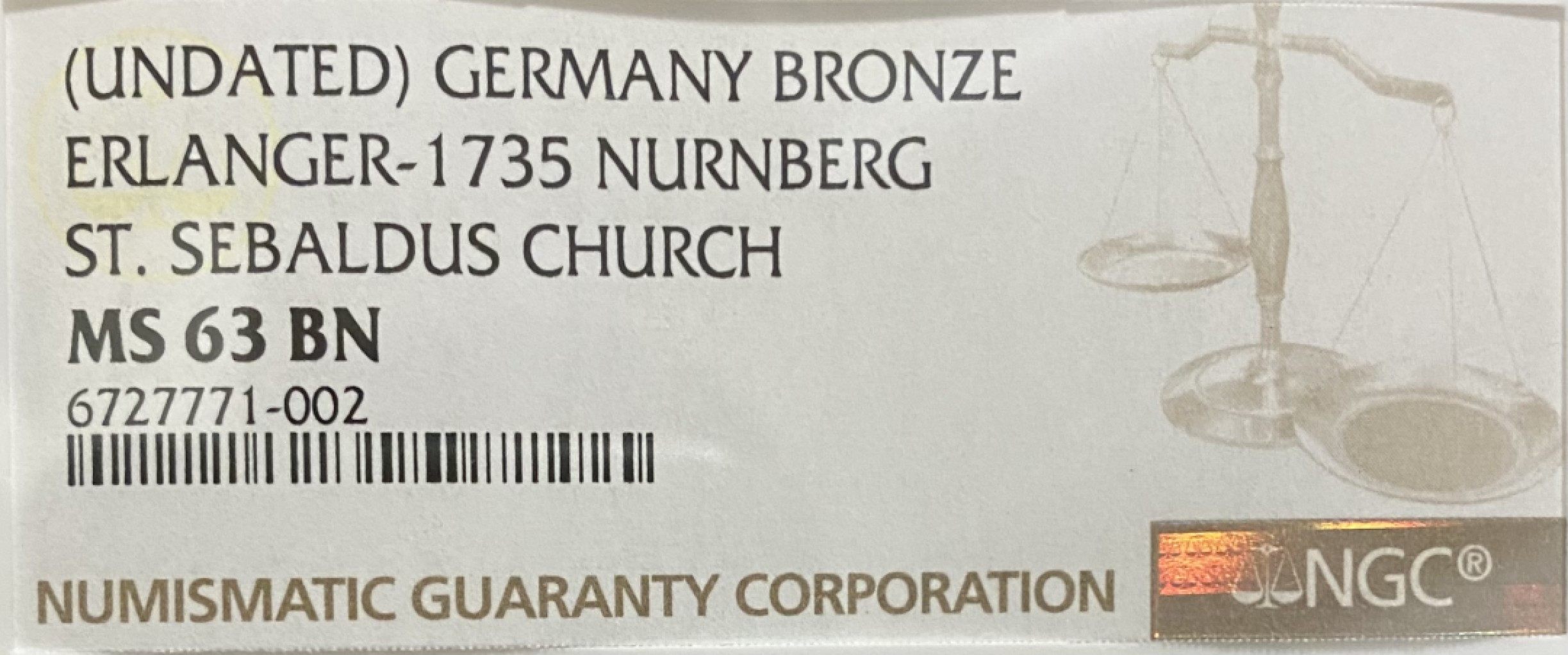 万国钱币拍卖第005期 19世纪德国纽伦堡北卡罗来纳大学圣塞瓦尔德教堂纪念大铜章，51MM，大盒装