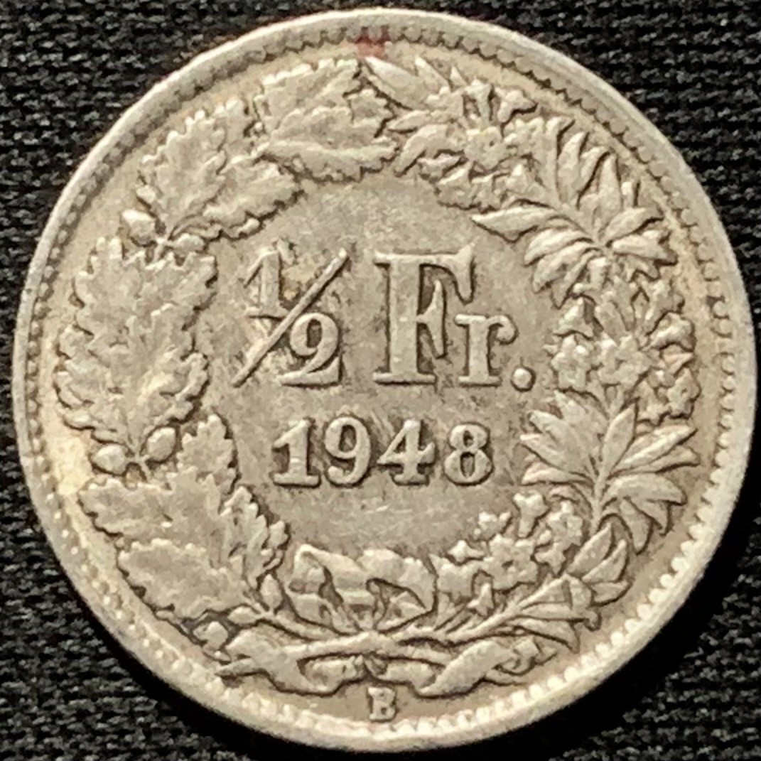 紫瑗钱币——第262期拍卖 瑞士 1948年 赫尔维蒂亚 1/2法郎 2.5克 0.835银