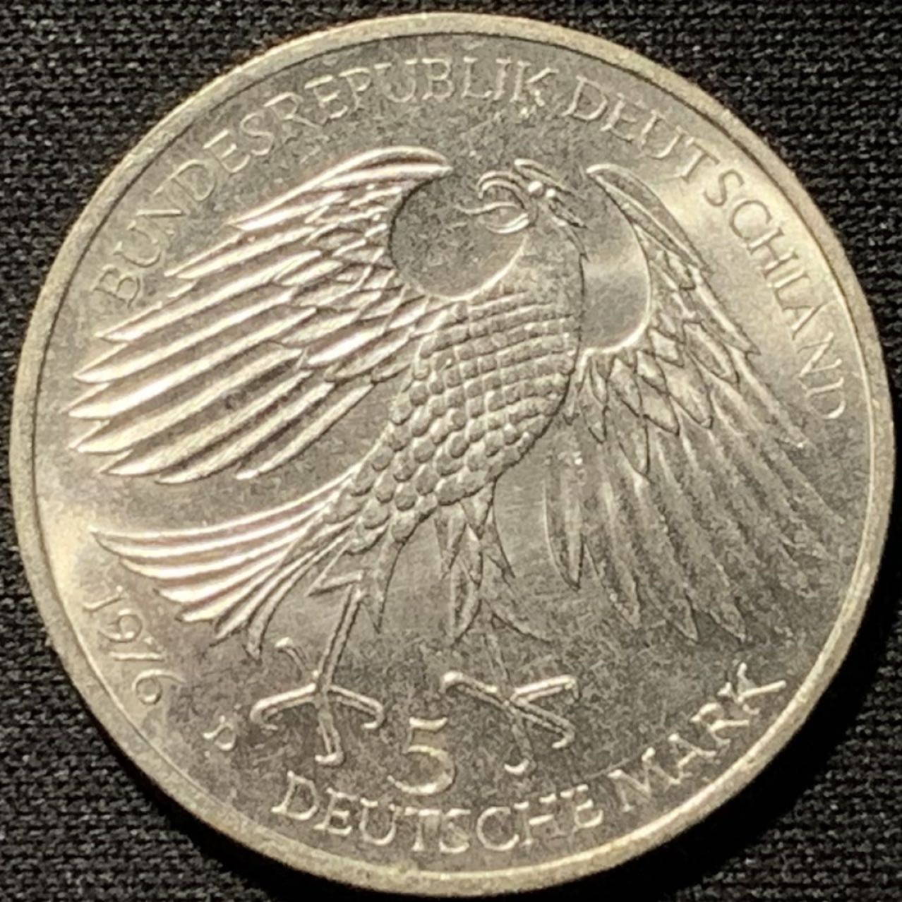 紫瑗钱币——第262期拍卖 联邦德国 1976年 D厂 格里姆·肖森逝世300周年 5马克 11.2克 0.625银 UNC