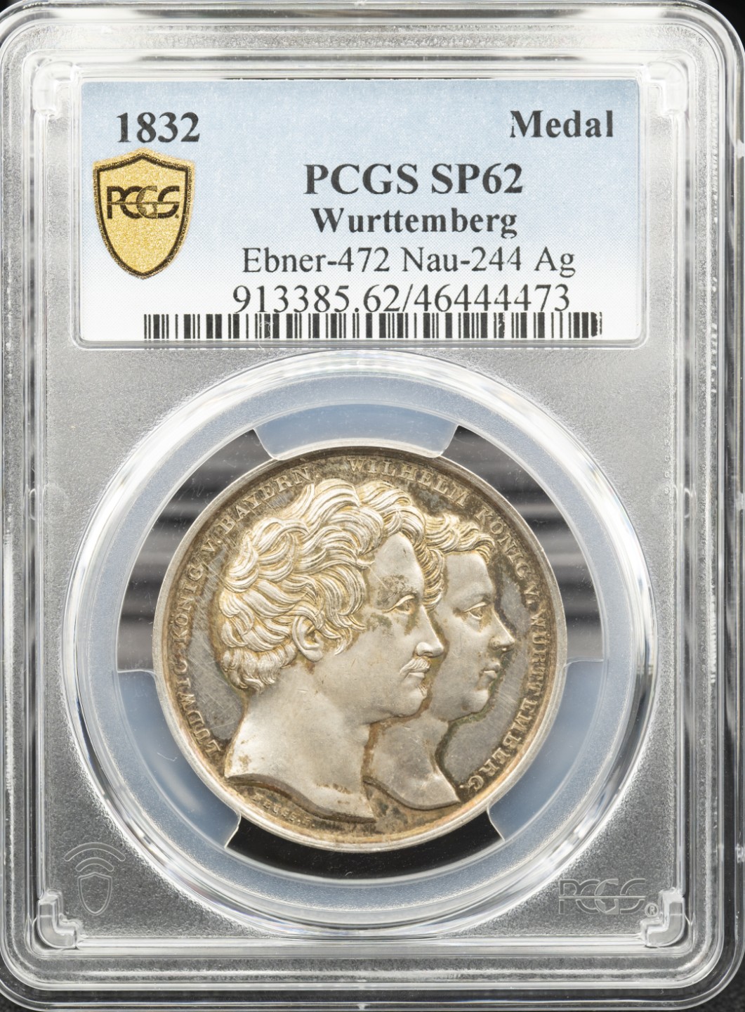 万国钱币拍卖第005期 1832年德国符腾堡—乌尔姆—路德维希·威廉姆大桥开通五彩景观纪念银章，银质非常稀少，唯一冠军分