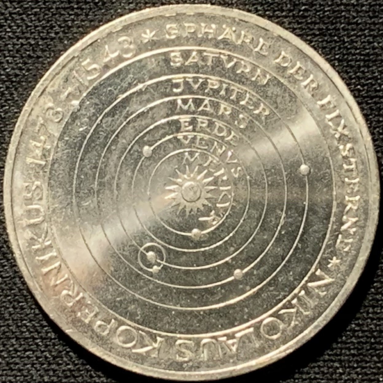 紫瑗钱币——第262期拍卖 联邦德国 1973年 J厂 哥白尼诞辰500周年 5马克 11.2克 0.625银 UNC