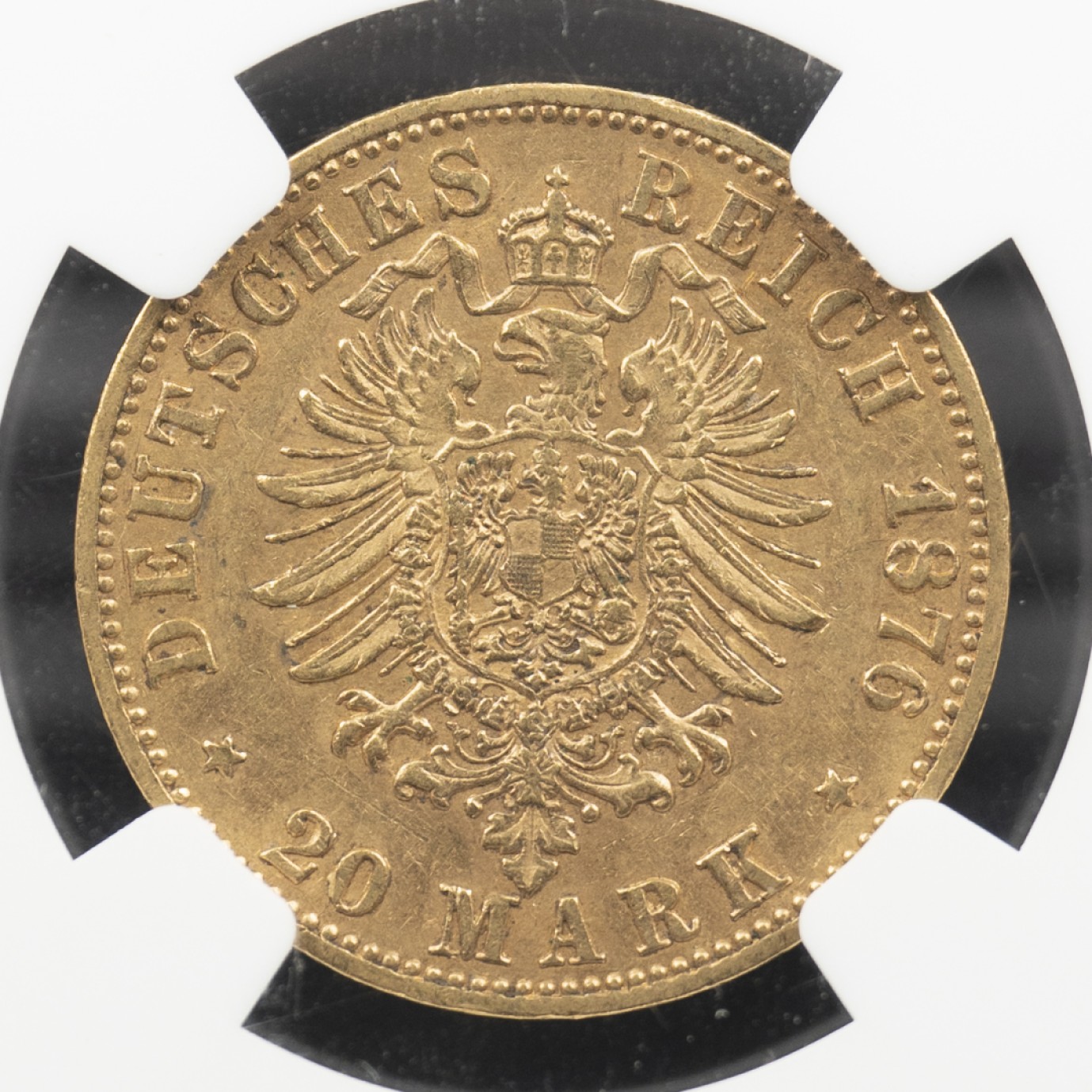 万国钱币拍卖第005期 德意志帝国普鲁士1876年C厂（法兰克福造）20马克金币，打制犀利，非常少见的特年，即便是在德国本土也难得一件，此枚已是亚军分，冠军为AU58，重7.97克，900金