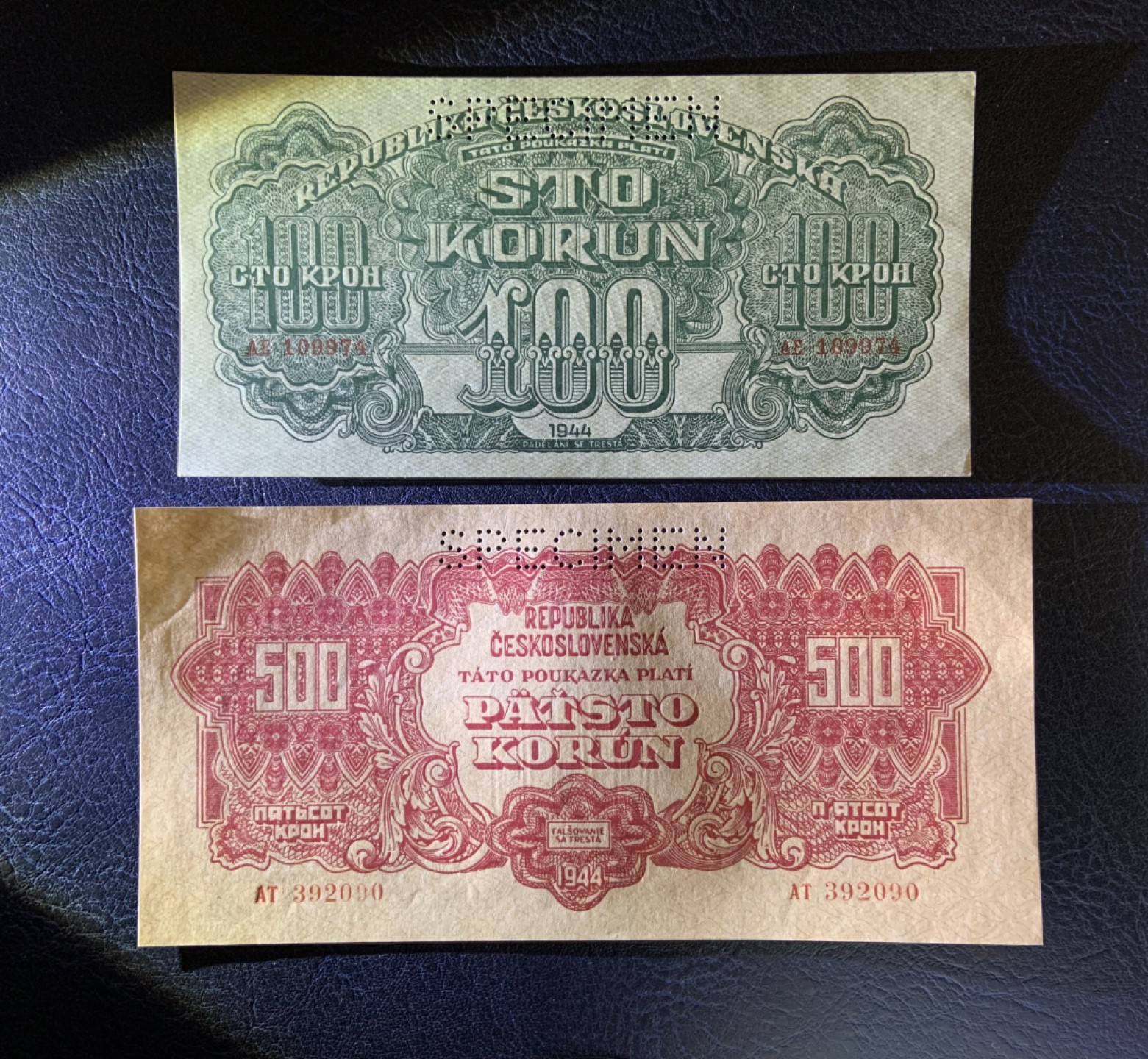 收藏联盟Quantum Auction 第246期拍卖 捷克斯洛伐克1944年苏联代印1-1000克朗样票一套 品相UNC 纸币边角有轻微瑕疵，细节如图