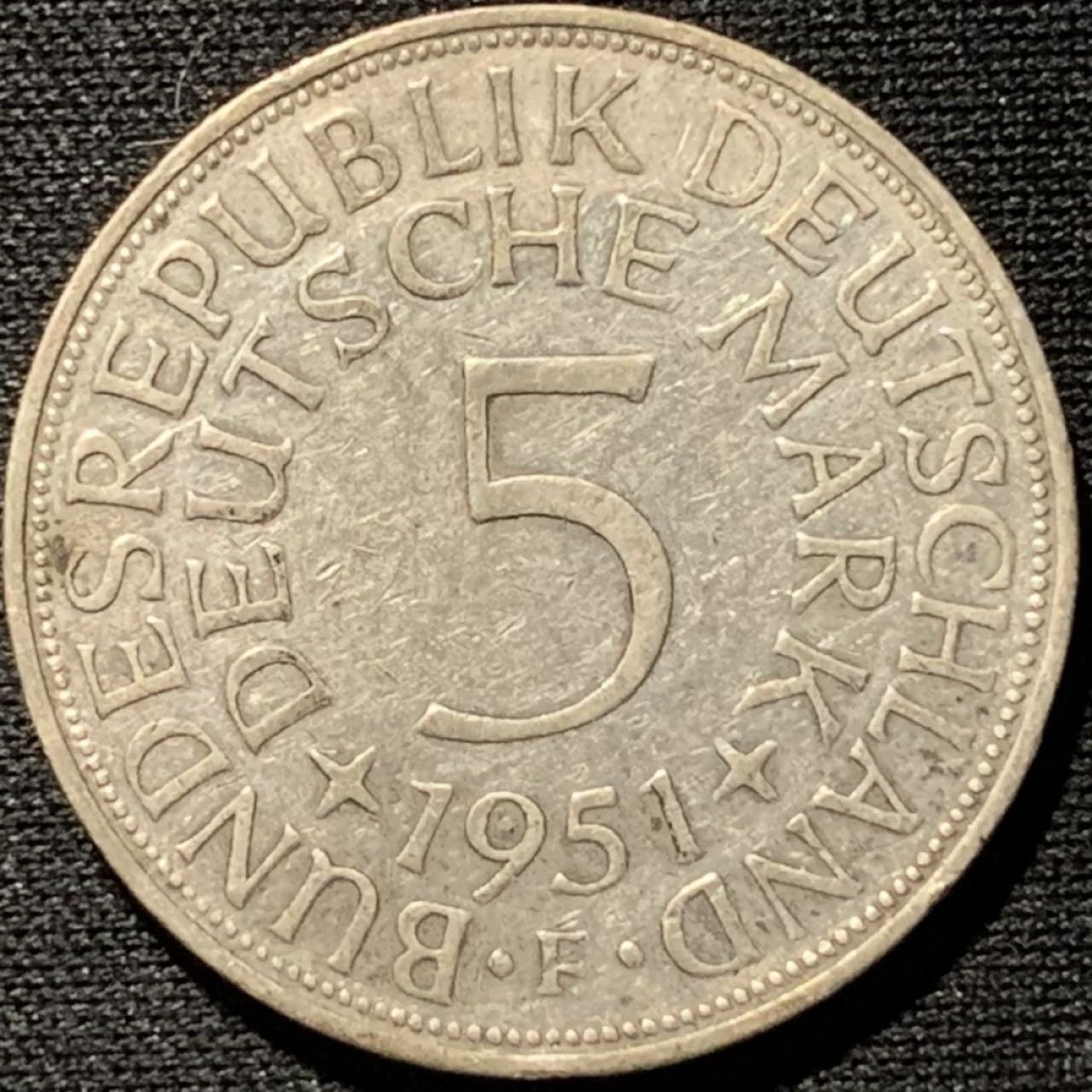 紫瑗钱币——第262期拍卖 联邦德国 1951年 F厂 流通 5马克 11.2 0.625银