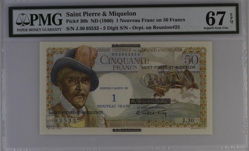 收藏联盟Quantum Auction 第245期拍卖  圣皮埃尔和密克隆1960年1法郎 PMG67 白奶球
