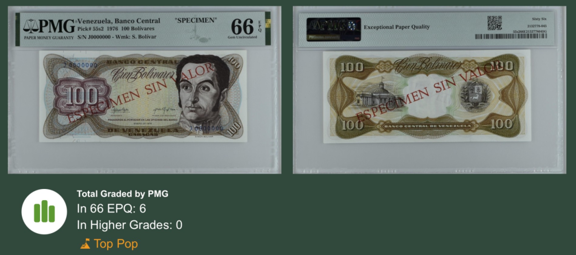 收藏联盟Quantum Auction 第246期拍卖 委瑞内拉1976年100玻利瓦尔样票 PMG66 冠军分