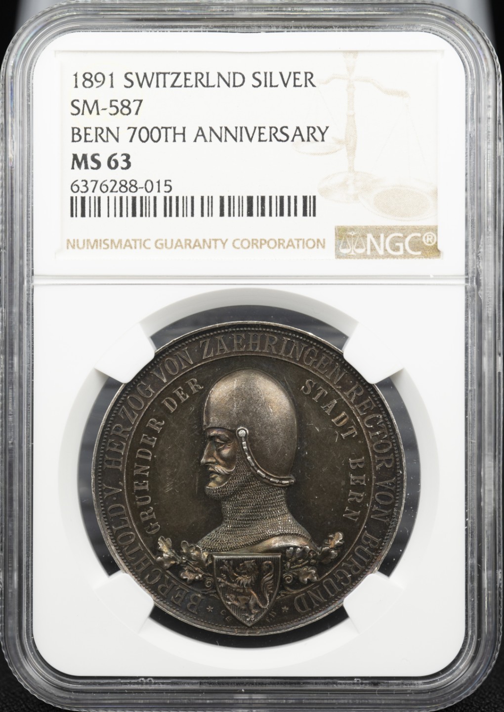 万国钱币拍卖第005期 1891年瑞士伯尔尼建城700周年纪念银章，原制木盒取出，分数开玩笑