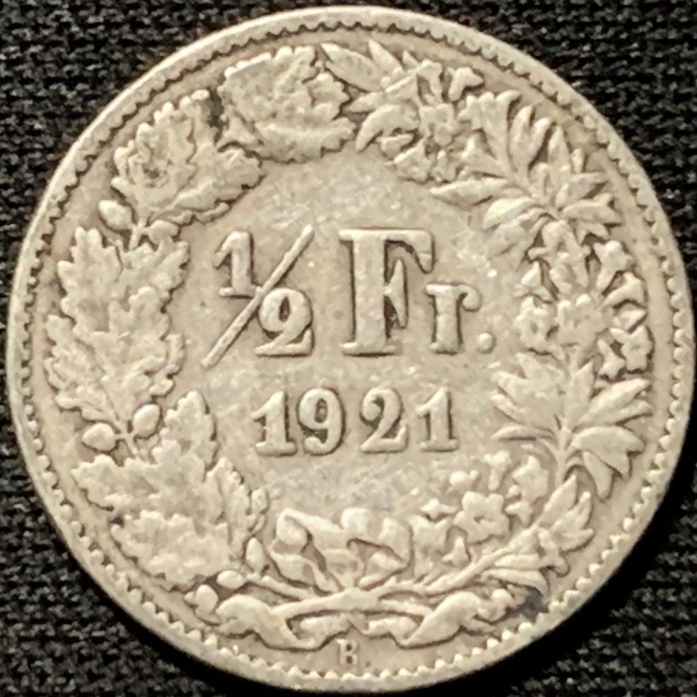 紫瑗钱币——第264期拍卖 瑞士 1921年 赫尔维蒂亚 1/2法郎 2.5克 0.835银