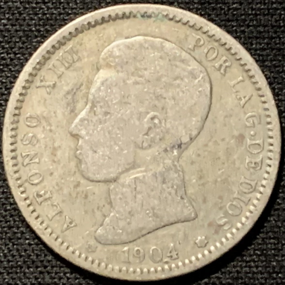 紫瑗钱币——第324期拍卖 西班牙 1904年 阿方索十三世 少年头 1比塞塔 5克 0.835银