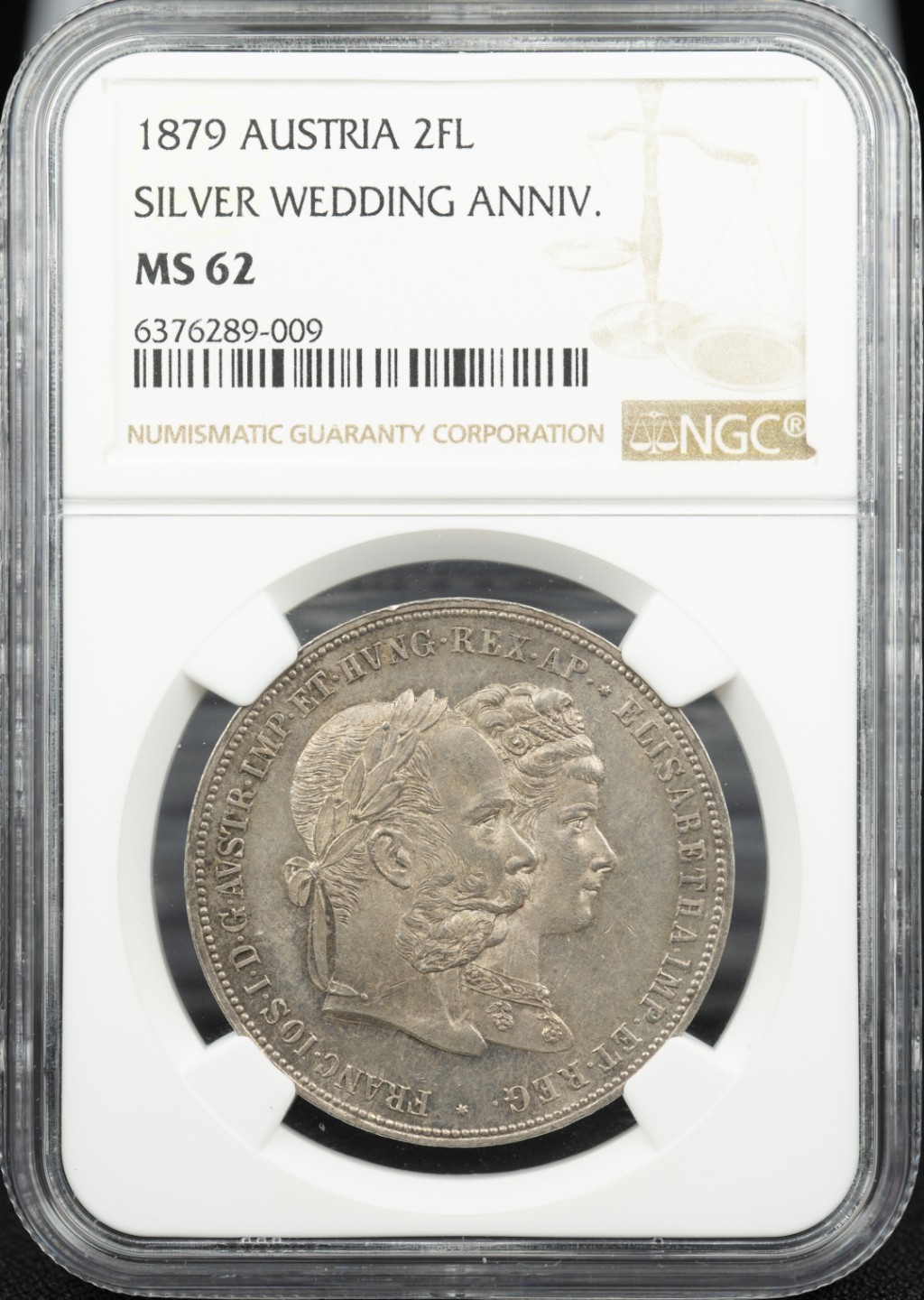 万国钱币拍卖第005期 1879奥地利茜茜公主结婚纪念2福林大银，原味纸袋包浆，非常舒服的状态。