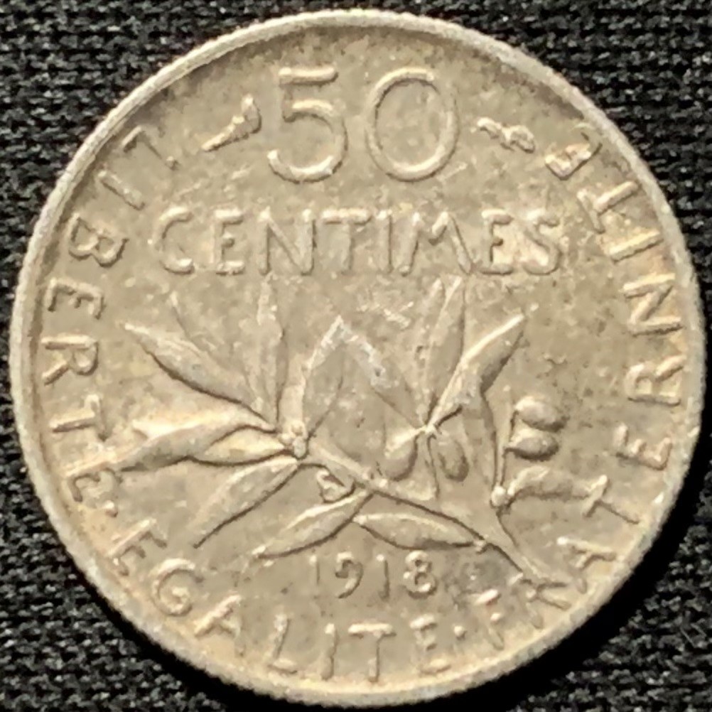 紫瑗钱币——第264期拍卖 法国 1918年 播种女神 50分 2.5克 0.835银