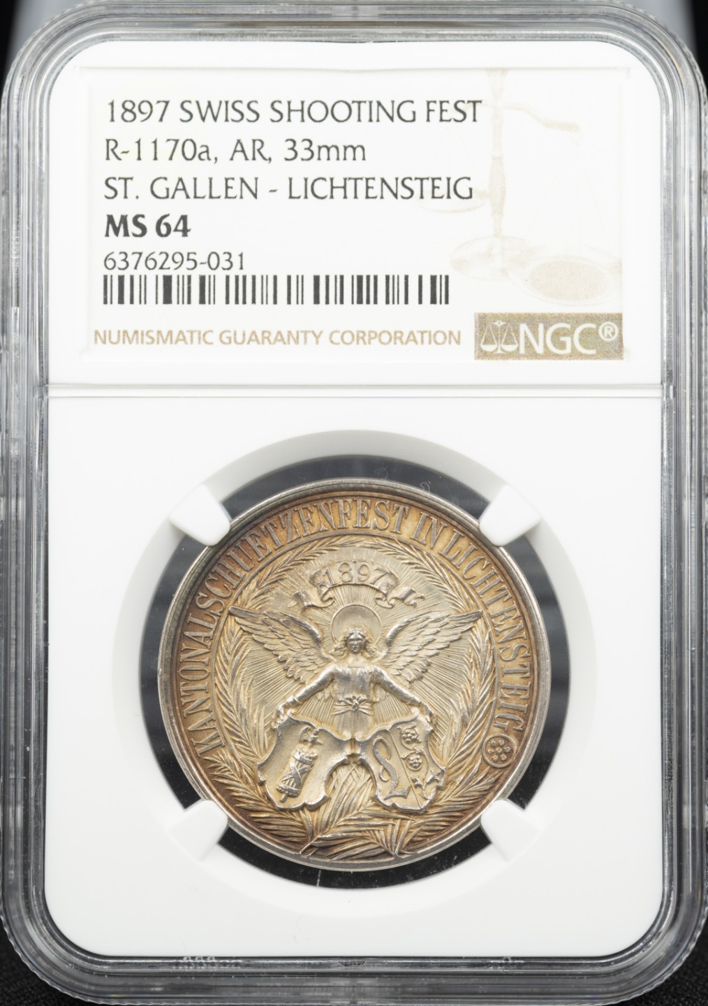 万国钱币拍卖第005期 1897瑞士圣加仑-列支敦士登射击节天使银章