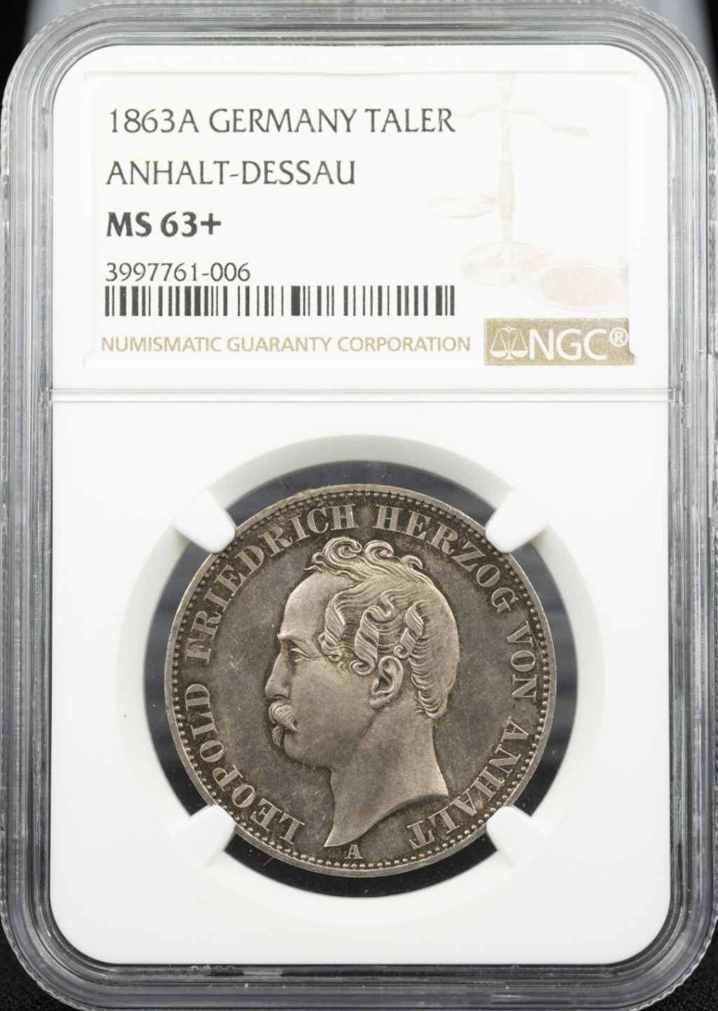 万国钱币拍卖第005期 1863德国安哈特-德绍1泰勒银币，皮蛋光，包浆BU，小邦好品越来越难