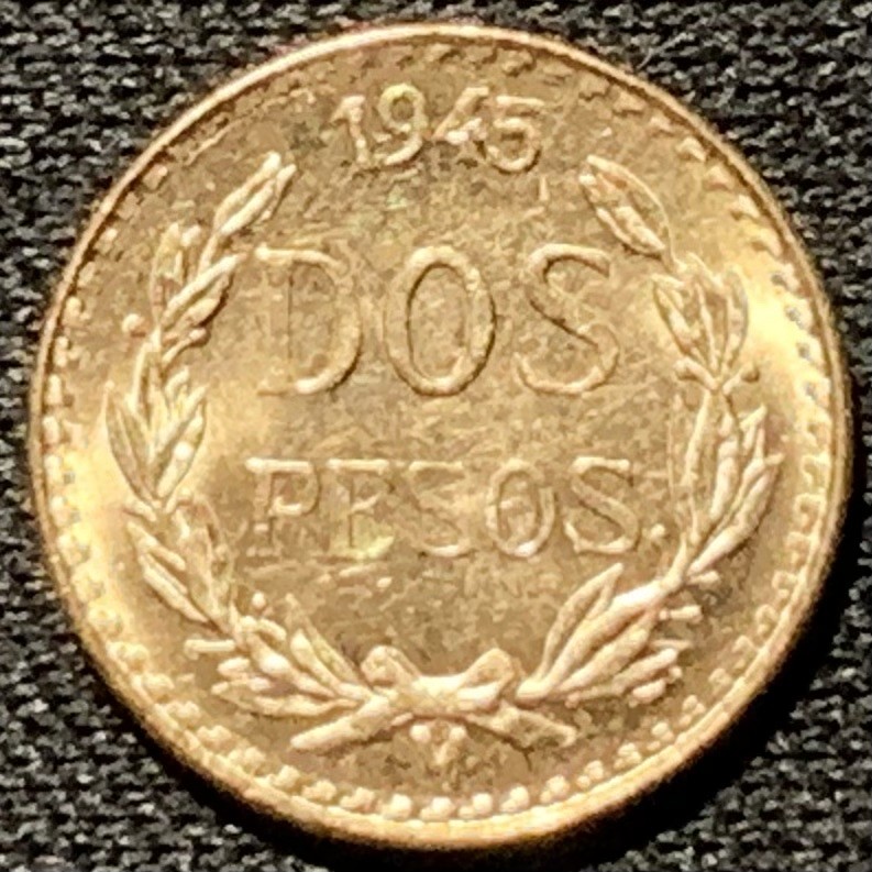 紫瑗钱币——第262期拍卖 墨西哥 1945年  鹰洋 2比索 1.667克 0.9金 UNC