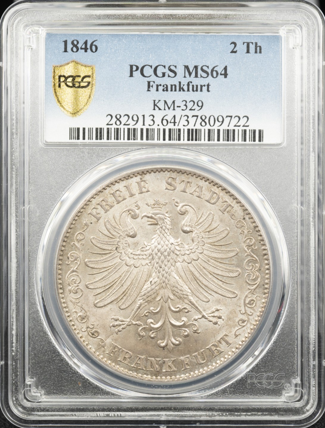 万国钱币拍卖第005期 1846德国法兰克福鹰徽2泰勒，发行量较少的一个年份，车轮粉光，冠军分，挑不出毛病的一枚。