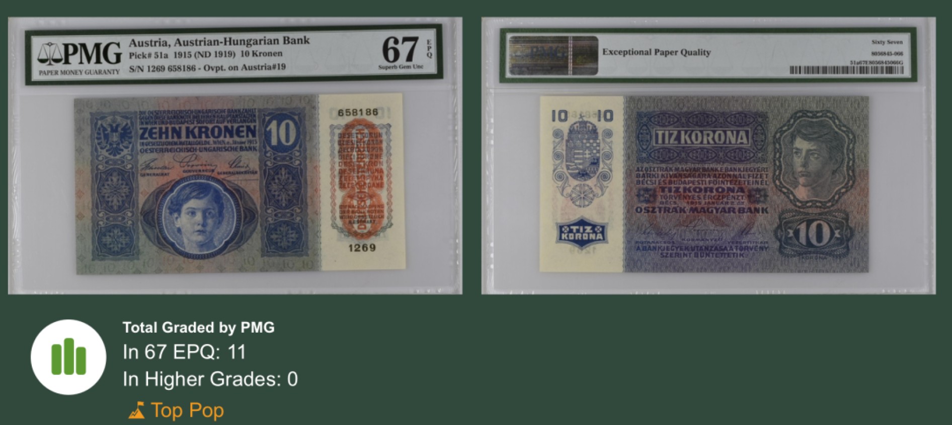 收藏联盟Quantum Auction 第246期拍卖 奥匈帝国1919年10克朗 PMG67 冠军分 无47号码