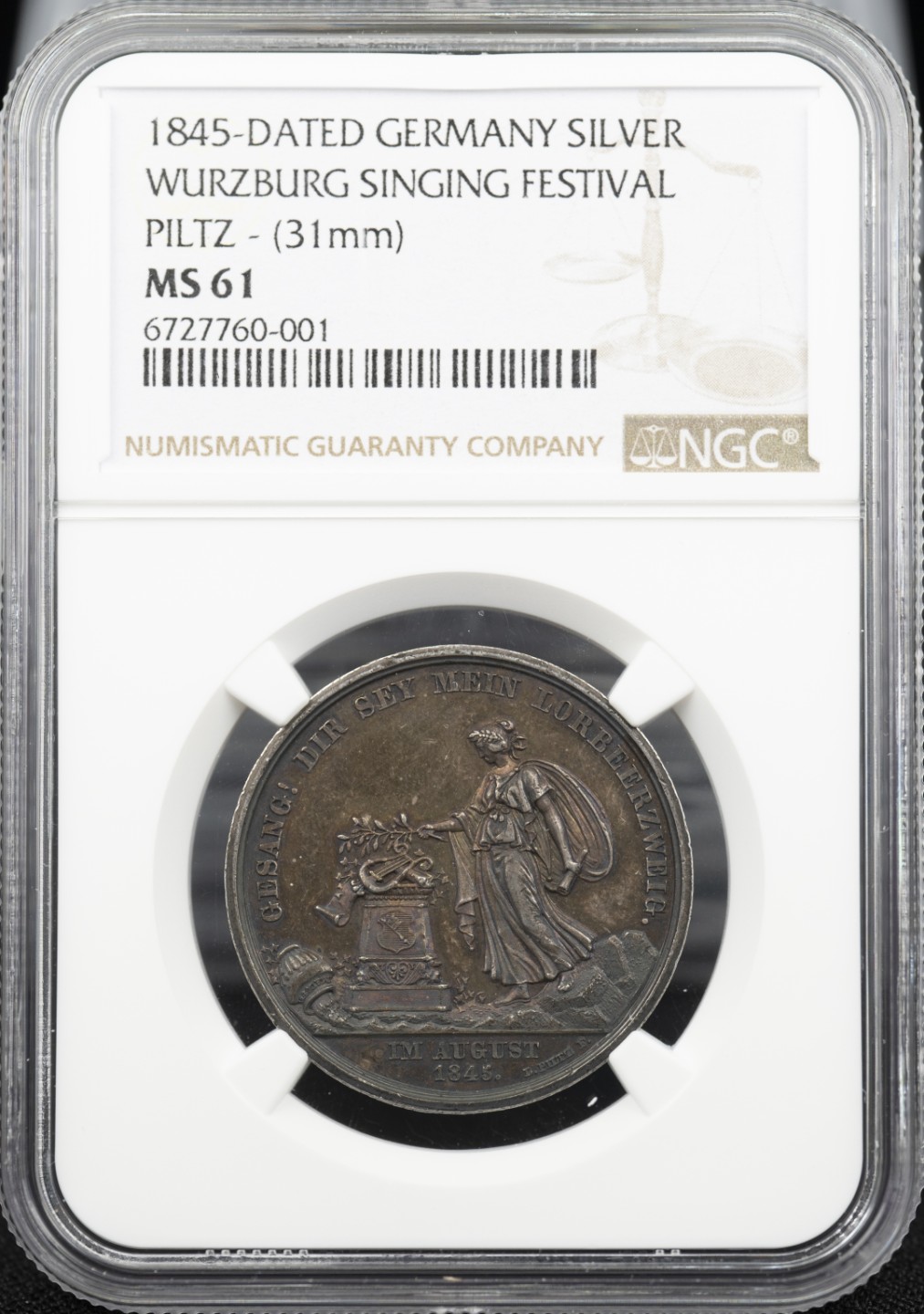 万国钱币拍卖第005期 德国1845年维尔茨堡歌唱节皮尔茨颁发的银章，31MM