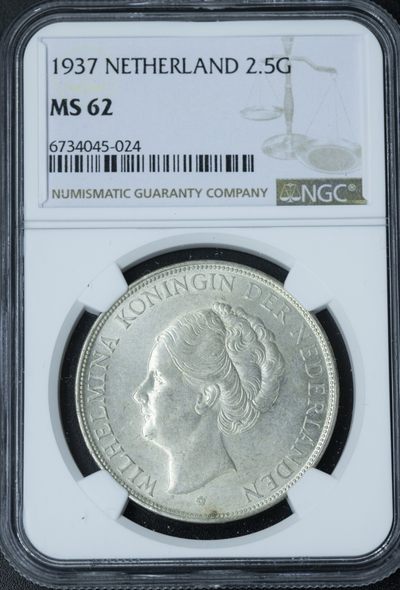 火彩社NGC、PCGS评级币专场拍卖 无底0佣金 欧洲各国金银币等 - NGC MS62 1937年 荷兰 2.5G银币 品相好