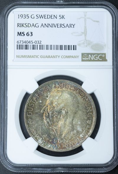 火彩社NGC、PCGS评级币专场拍卖 无底0佣金 欧洲各国金银币等 - NGC MS63 1935-G 瑞典议会500周年纪念银币 五彩包浆