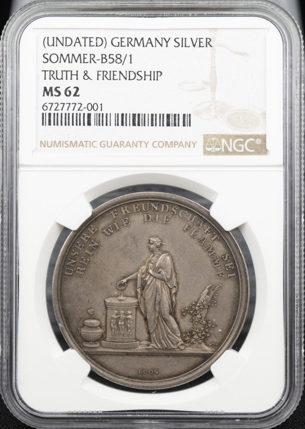 万国钱币拍卖第005期 德国1800年LOOS名家设计真理与友谊银章，友谊女神向祭坛献上燔祭，并在花圈中刻有“祭坛神圣”字样，40MM