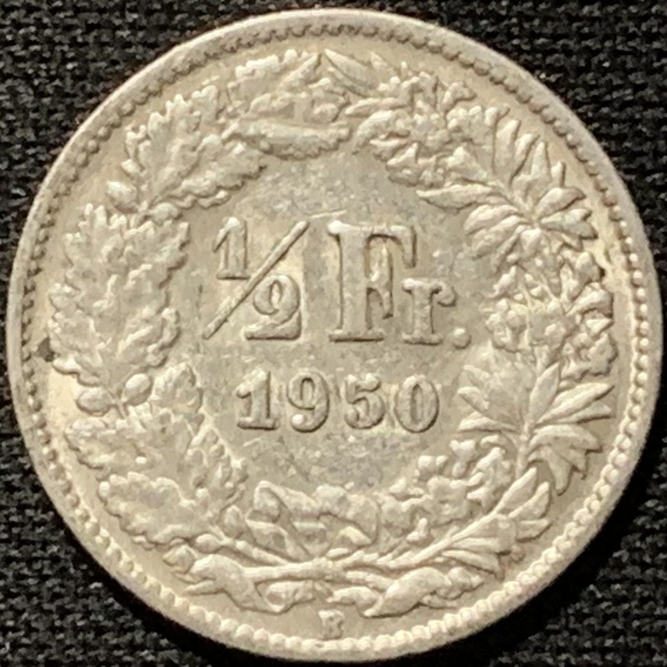 紫瑗钱币——第264期拍卖 瑞士 1950年 赫尔维蒂亚 1/2法郎 2.5克 0.835银