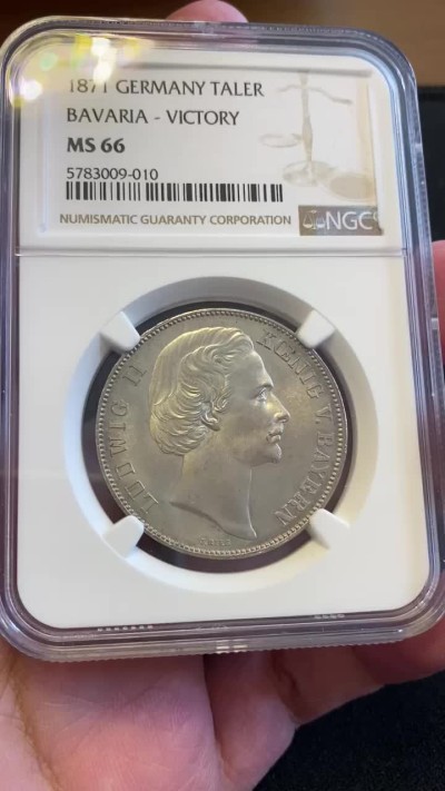 万国钱币拍卖第005期 1871巴伐利亚胜利泰勒，慕尼黑铸造，纪念普法战争胜利，顶级品相，pl底板，背面女神喷砂感满满，冠军分，真正的一步到位。