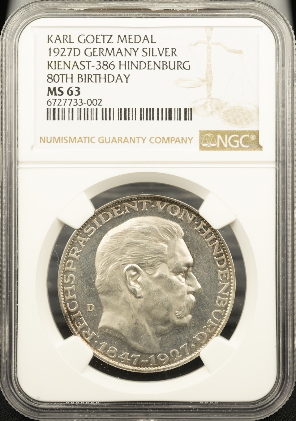 万国钱币拍卖第005期 1927年卡尔哥茨经典设计德国兴登堡八十大寿5马克币章