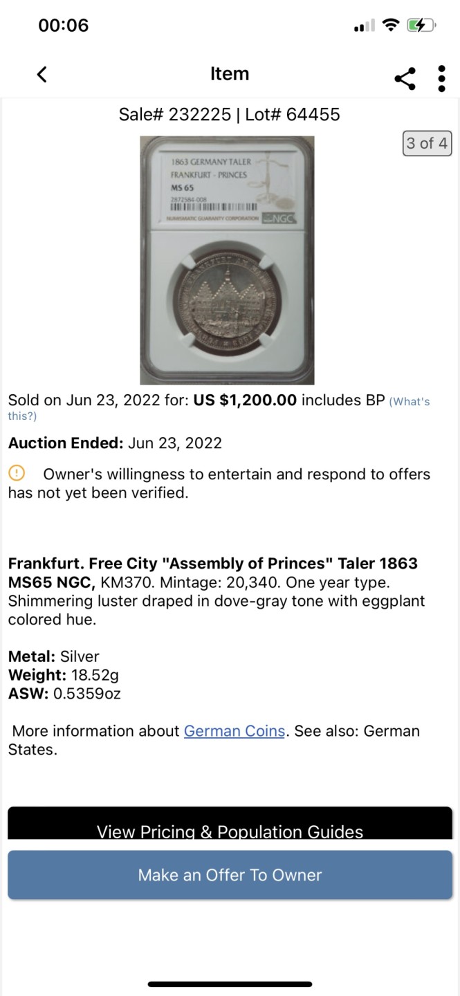 万国钱币拍卖第005期 1863法兰克福王子议会1泰勒银币，高分五彩，原汁原味，非常难得，ha同分白币1200美金成交