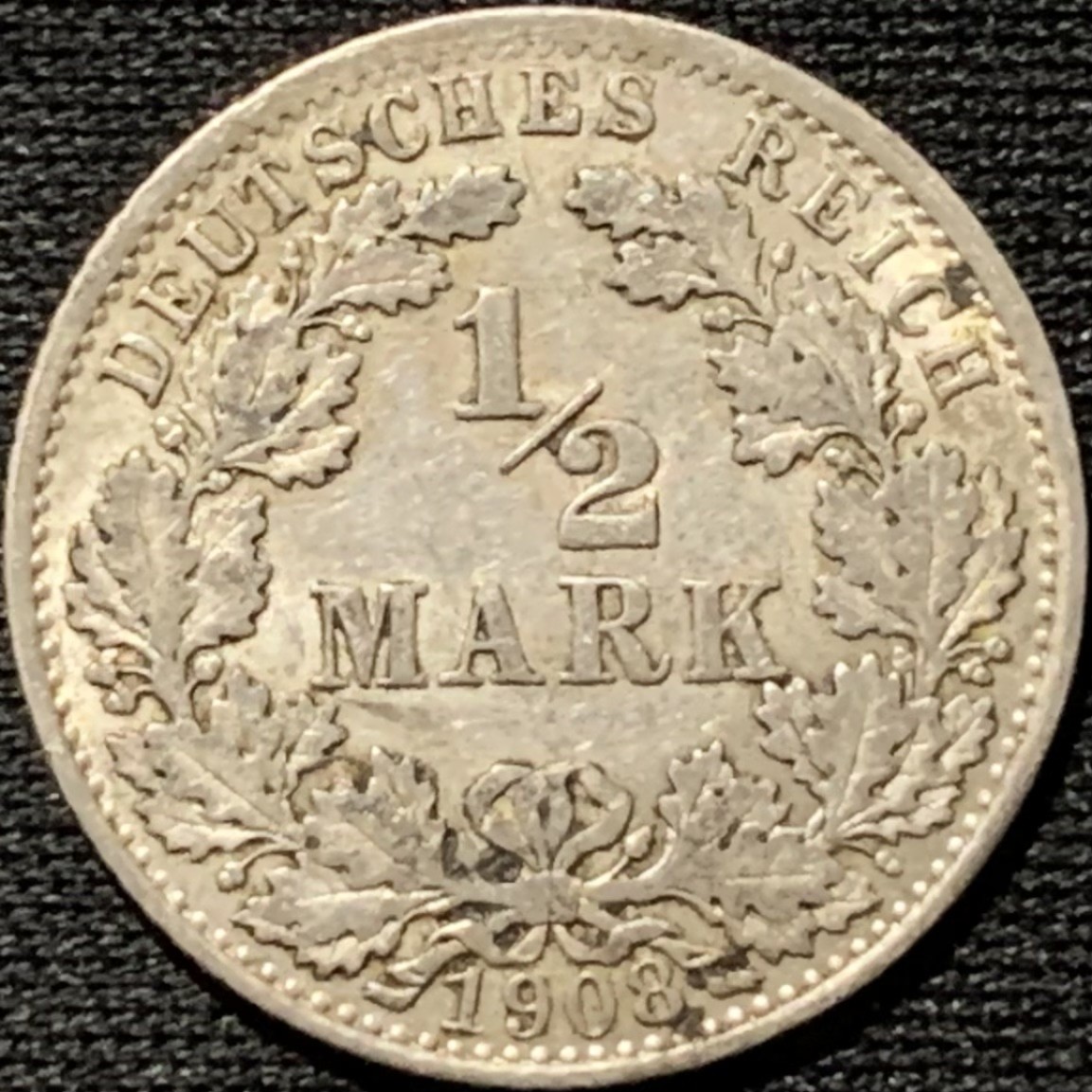 紫瑗钱币——第264期拍卖 德国 1908年 A版 第二帝国 1/2马克 银币 2.77克 0.9银