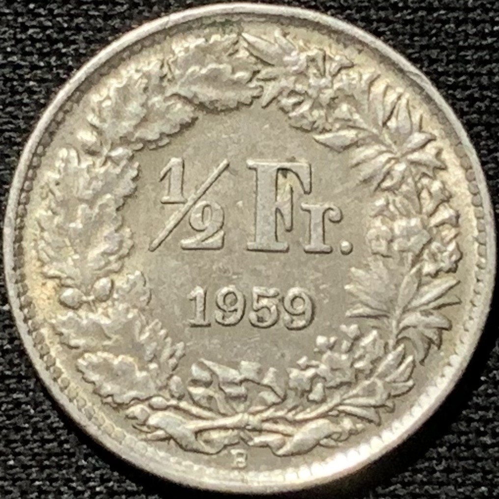 紫瑗钱币——第264期拍卖 瑞士 1959年 赫尔维蒂亚 1/2法郎 2.5克 0.835银