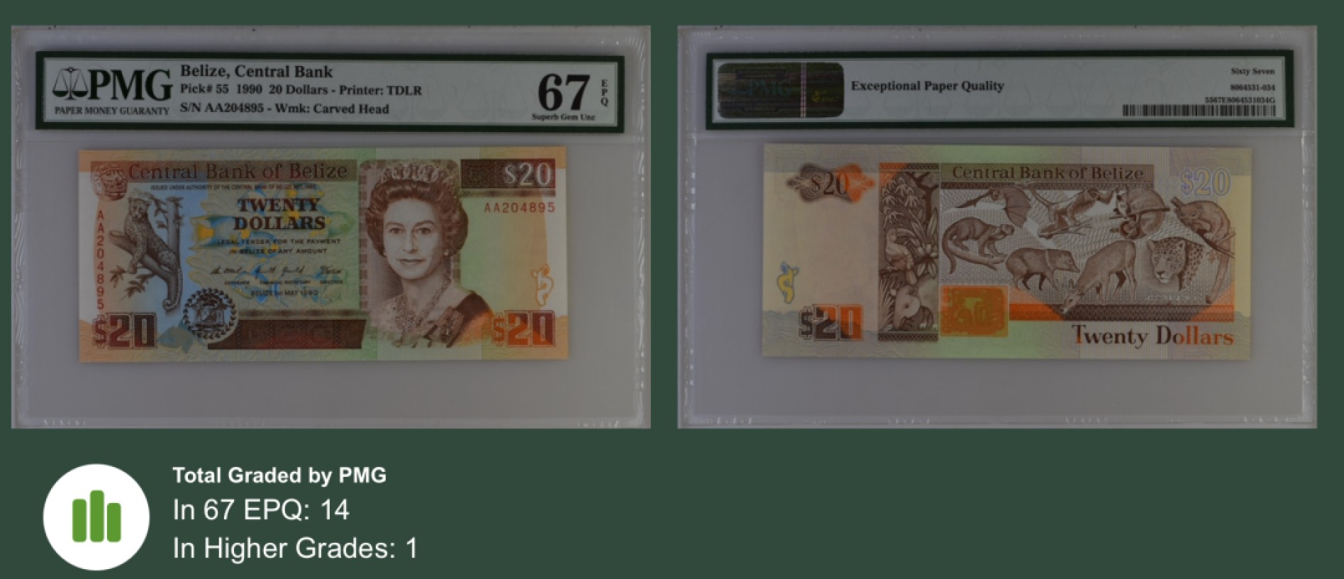 收藏联盟Quantum Auction 第246期拍卖 伯利兹1990年20元 PMG67 首发AA冠大长条 动物园
