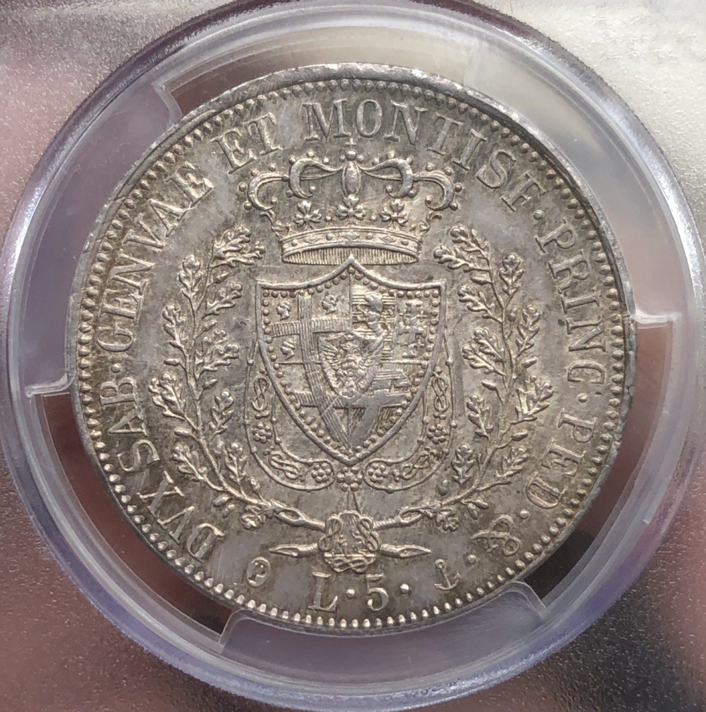 万国钱币拍卖第005期 意大利萨丁王国1827年P厂5里拉，亚军分，包浆绚丽，底板整洁，pcgs封面币，克劳斯目录ms60价格为1550美金